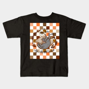 Life is better with coffee, cats and books - Gray cat checkers Kids T-Shirt